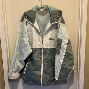 Vintage Cougar hooded windbreaker. White sage green baby blue. Size L